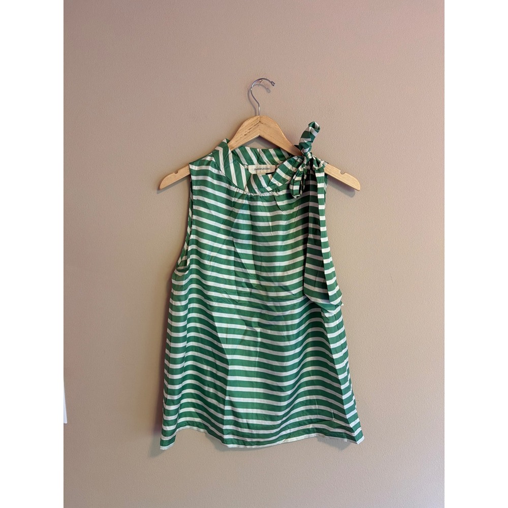 Anthropologie Green Striped 100% Silk Bow Neck‎ Blouse Top Size 8